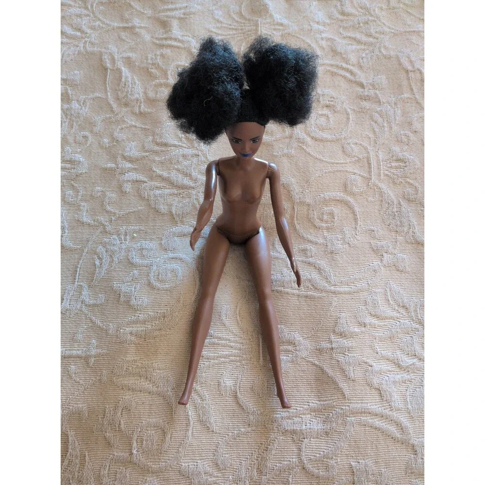 Barbie Doll African American Afro Curly Black Hair Blue Lipstick Lips Nude